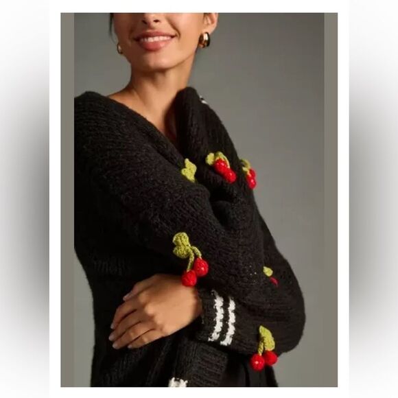 Anthropologie 3D Fruit Varsity Cardigan Cherry 🍒 Black Sweater One Size Maeve